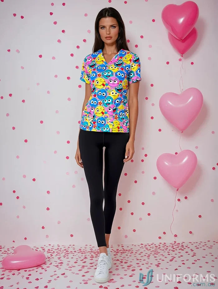 Woman wearing stylish printed scrub top and black leggings, perfect for beauty therapists uniforms