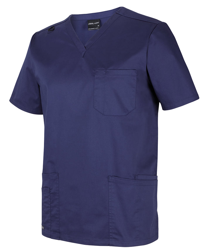 Navy blue unisex premium scrub top with v-neck chest pocket and two lower pockets perfect for work uniforms and workwear