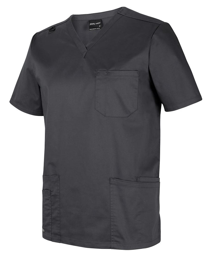 Dark gray unisex premium scrub top with v-neck chest pocket and two lower pockets ideal for work uniforms and workwear