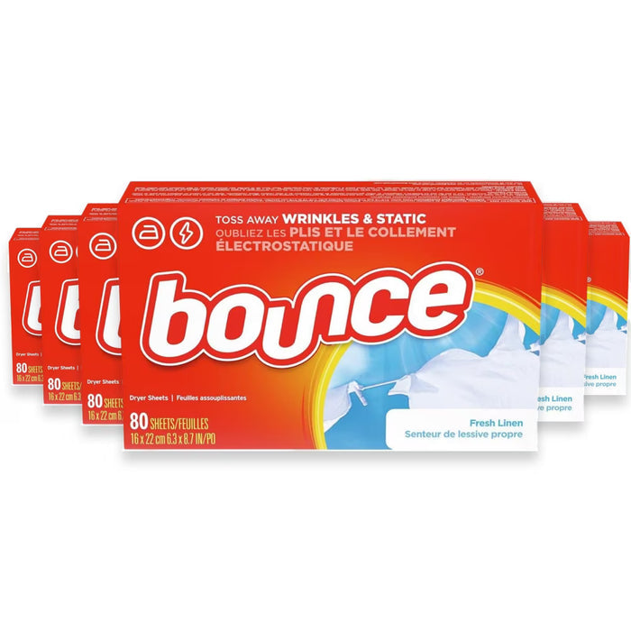 Bounce Fabric Softener Dryer Sheets Fresh Linen Scent – 80 Count – 6 Pack