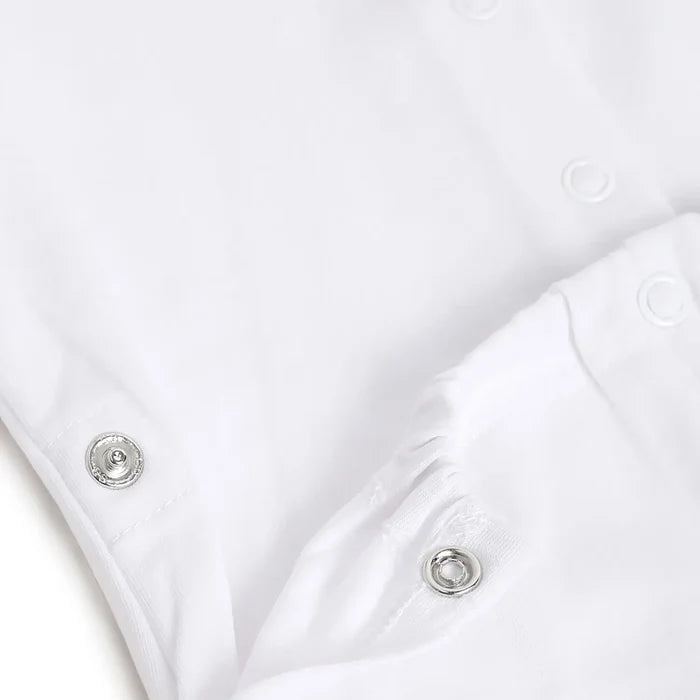 Boys White Printed Nappy Opening Babysuit