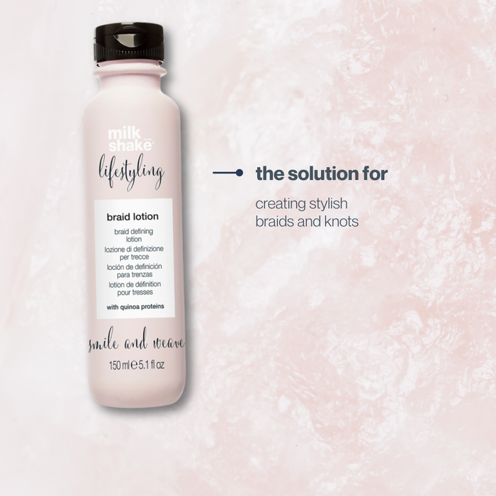 Bottle of milk_shake  styling braid lotion on a pink textured background