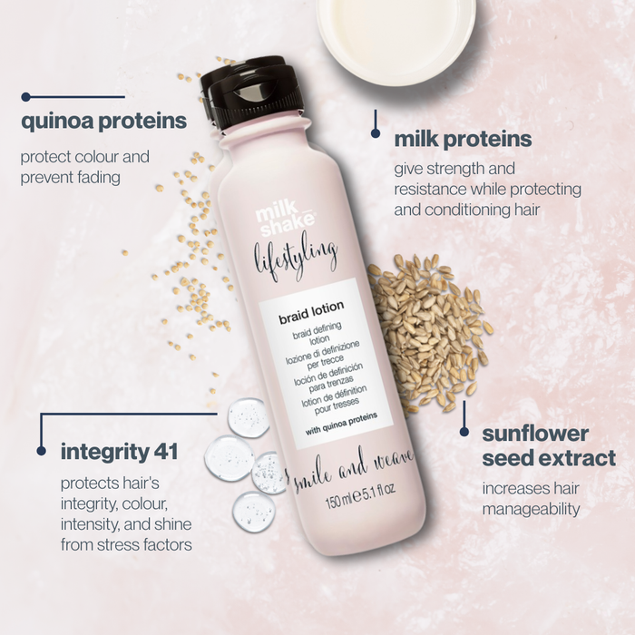 Bottle of milk_shake  braid lotion with text highlighting ingredients on a light pink background