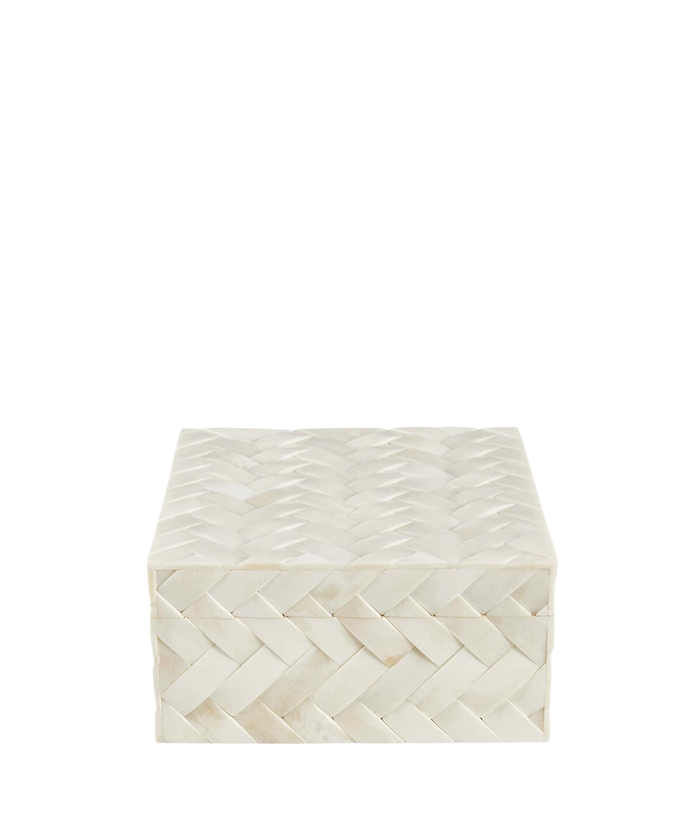 A square decorative box with a woven, ivory-colored herringbone pattern. The smooth, monochrome texture evokes elegance and simplicity. | SW Home