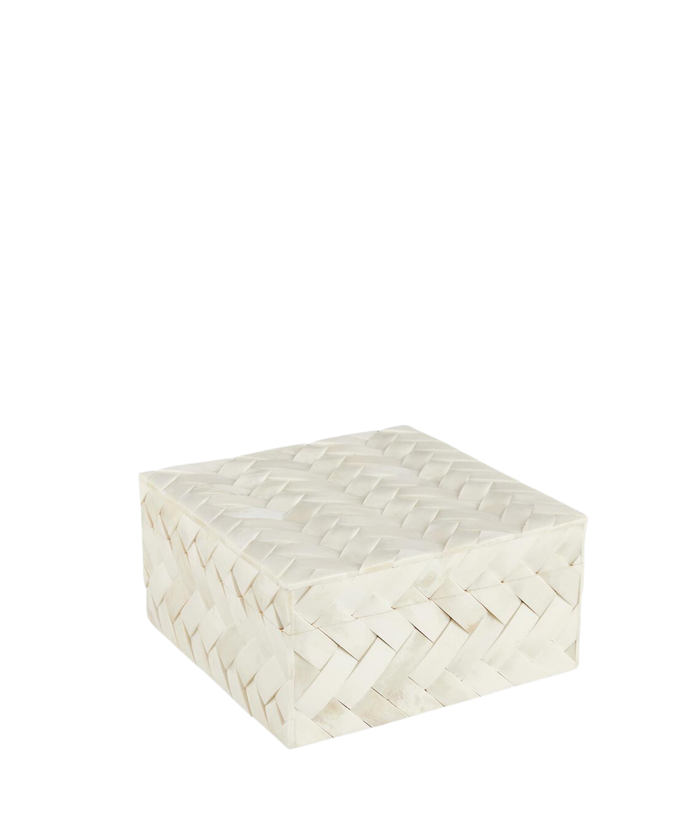 A square decorative box with a woven, ivory-colored herringbone pattern. The smooth, monochrome texture evokes elegance and simplicity. | SW Home