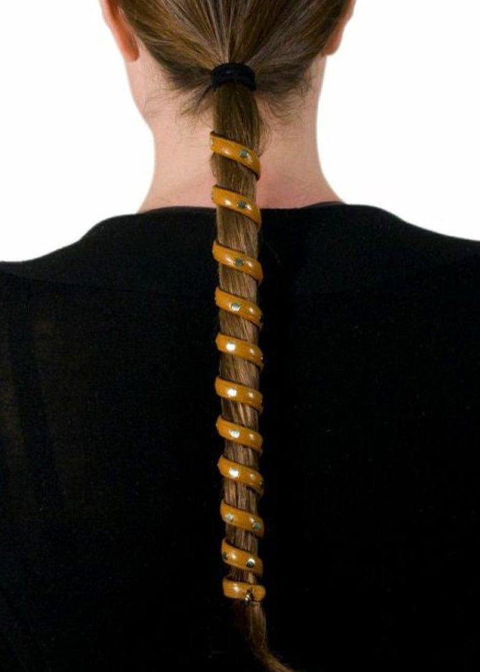 Model wearing Brown Leather Rivet Ponytail Wrap - 12" Biker Hair Accessory