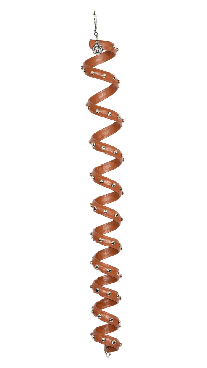 Brown leather spiral ponytail wrap with silver rivets, 12 inch biker hair accessory, front view