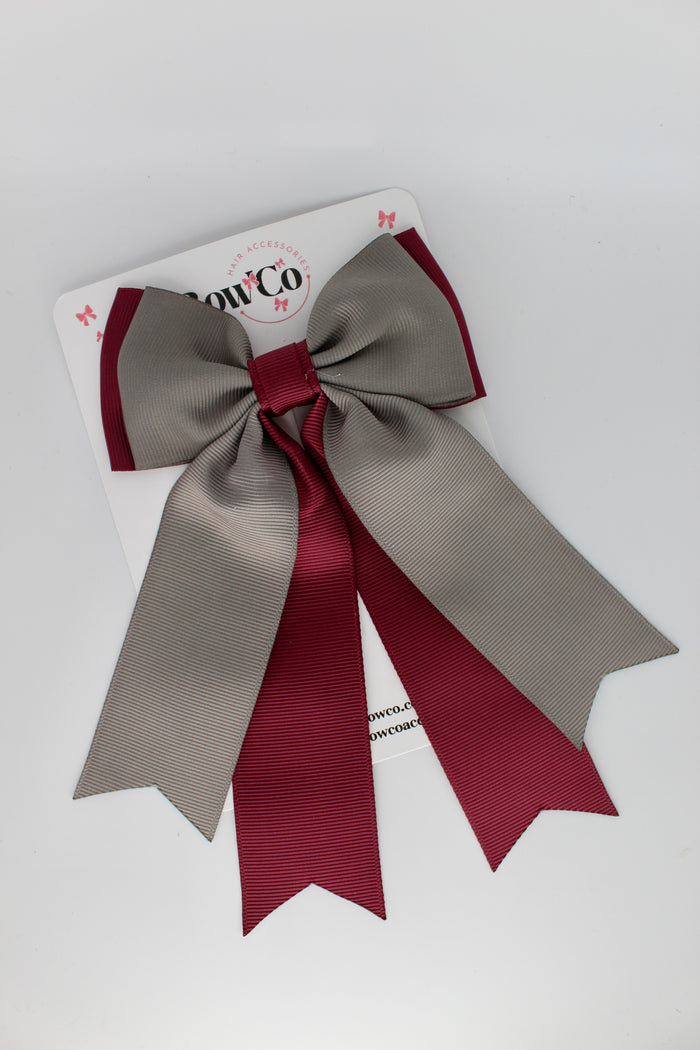 Burgundy and Grey - Classic Tail Bow - Clip