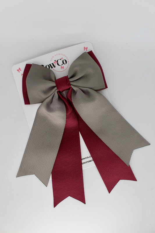 Burgundy and Grey - Classic Tail Bow - Clip