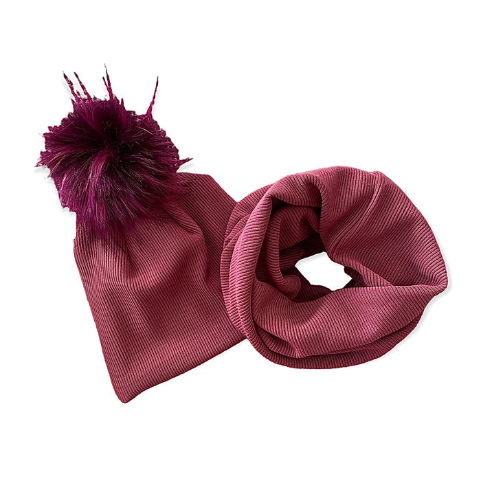 Burgundy Ribbed Faux Fur Pom Pom Hat and Infinity Scarf