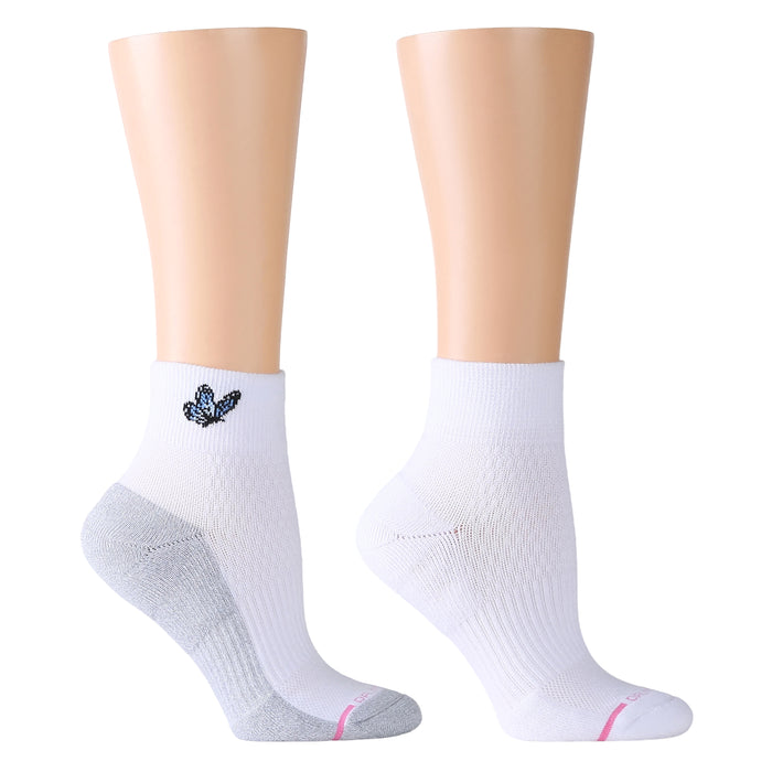 Quarter compression socks in white with a butterfly design and gray accents.