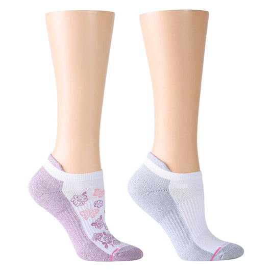 Ankle compression socks in lavender and white, featuring floral designs and contrasting colors.