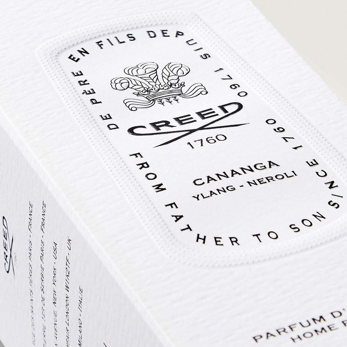 Creed Cananga Room Spray Box Label Close-Up, Ylang Neroli - Angled Detail | Creed Boutique