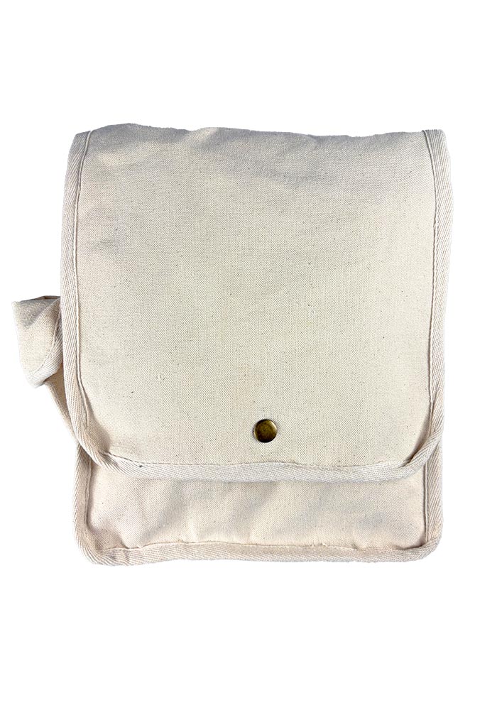 An off-white canvas bag with a button closure and over-the-shoulder strap, displayed against a plain background.