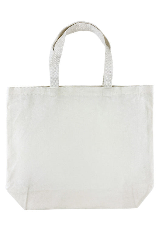 Off-white rectangular canvas tote bag on a white background.