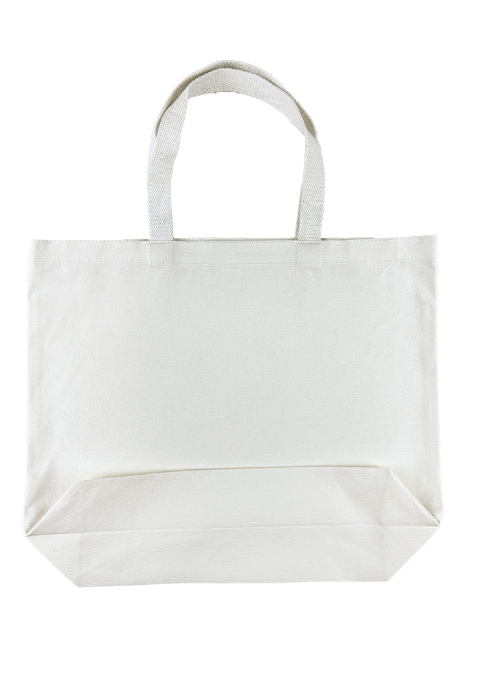 Off-white canvas tote bag on a white background.