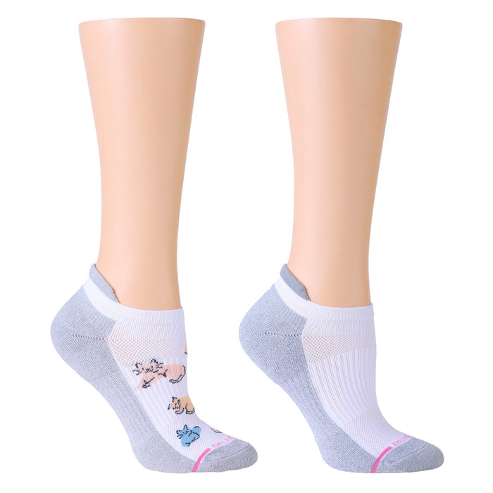 Ankle compression socks featuring a cat print design with a white and gray color scheme.