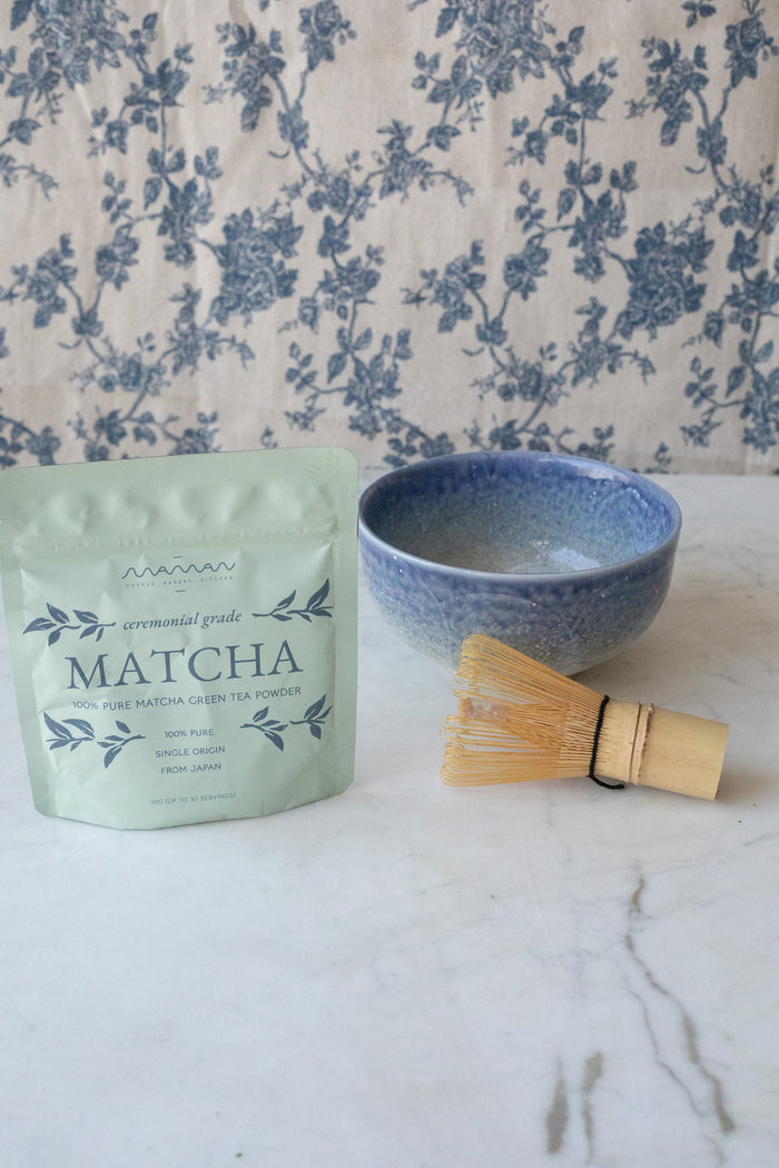 Set including bamboo whisk,  blue bowl and maman matcha powder pouch.
