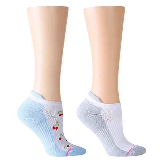 Ankle compression socks featuring a cherry design on a light blue background and a solid white side.