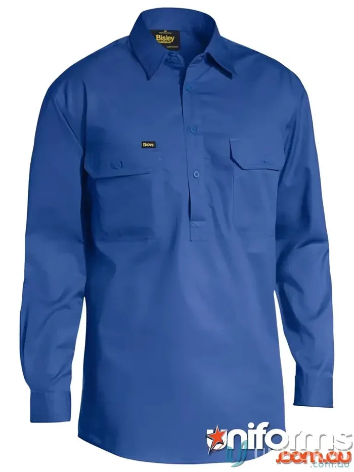 Blue long-sleeved work shirt made from cool lightweight drill fabric for a perfect fit