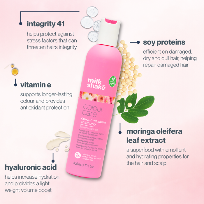 Pink shampoo bottle of milk_shake colour care shampoo with text highlighting ingredients and benefits on a white background