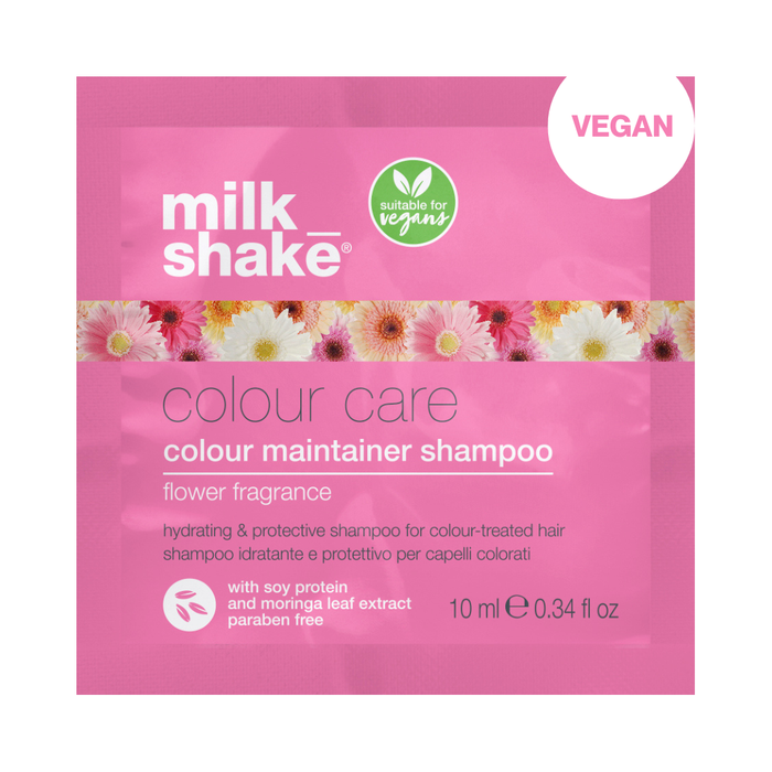 Milk_Shake Colour Care Colour Maintainer Shampoo packet with flowers on a pink background