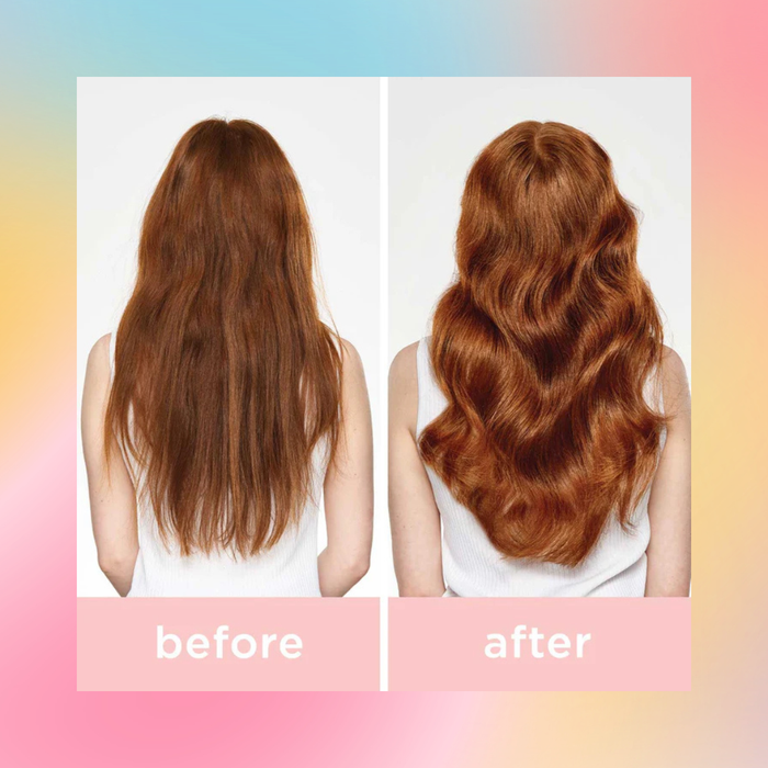 Before and after comparison of long, wavy hair on a person with a colorful gradient background.