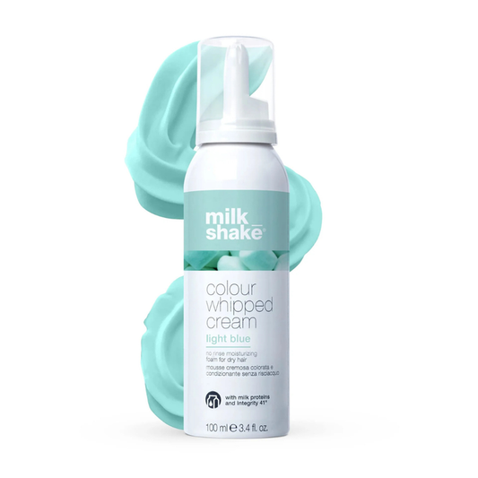 milk_shake Colour Whipped Cream bottle with light blue whipped cream on a white background