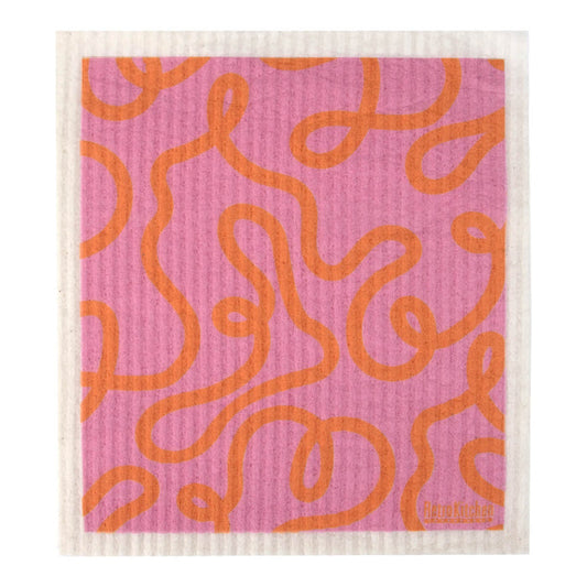 RetroKitchen Compostable Sponge Cloth, a super absorbent, machine washable and compostable dish cloth with a pink and orange loopy design.