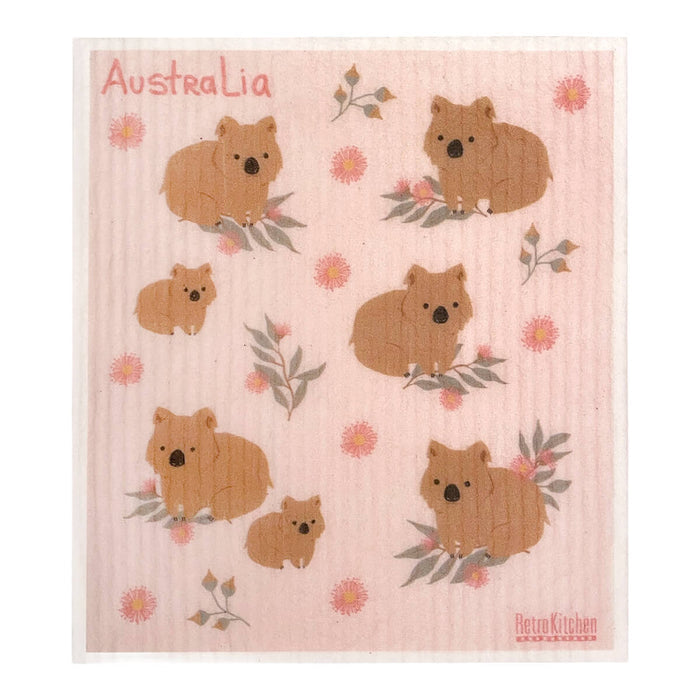 RetroKitchen Compostable Sponge Cloth, a super absorbent, machine washable and compostable dish cloth with a wombat design.