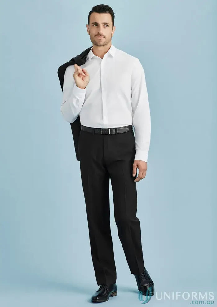 Man in formal outfit wearing Cool Stretch Adjustable Waist Pant with hidden elastic waistband
