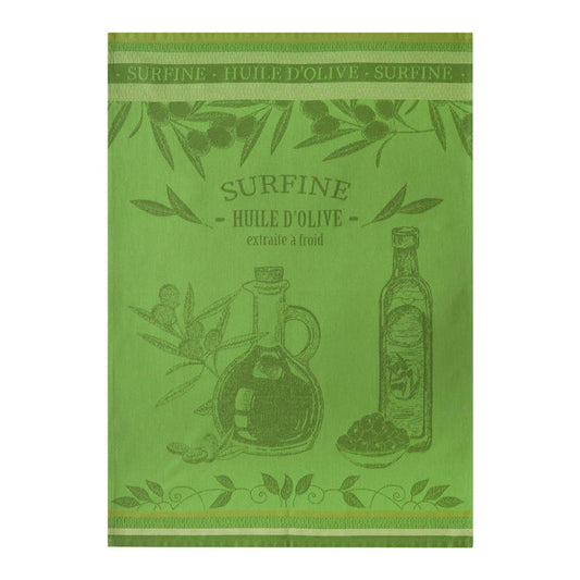 Green towel with olive oil design and 'Surfine Huile d'Olive' text on a white background