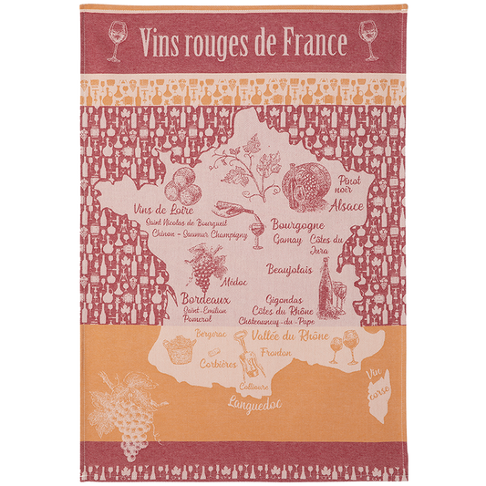 A multicolored cotton tea towel with a graphic depicting various wine regions of France and text related to wine.