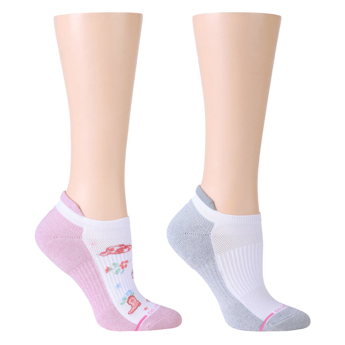 Ankle compression socks in pink and gray with floral and cowboy boot designs.