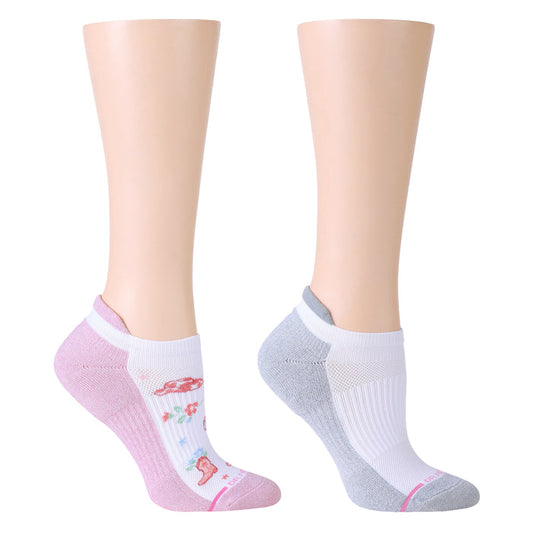 Ankle compression socks in pink and gray with floral and cowboy boot designs.
