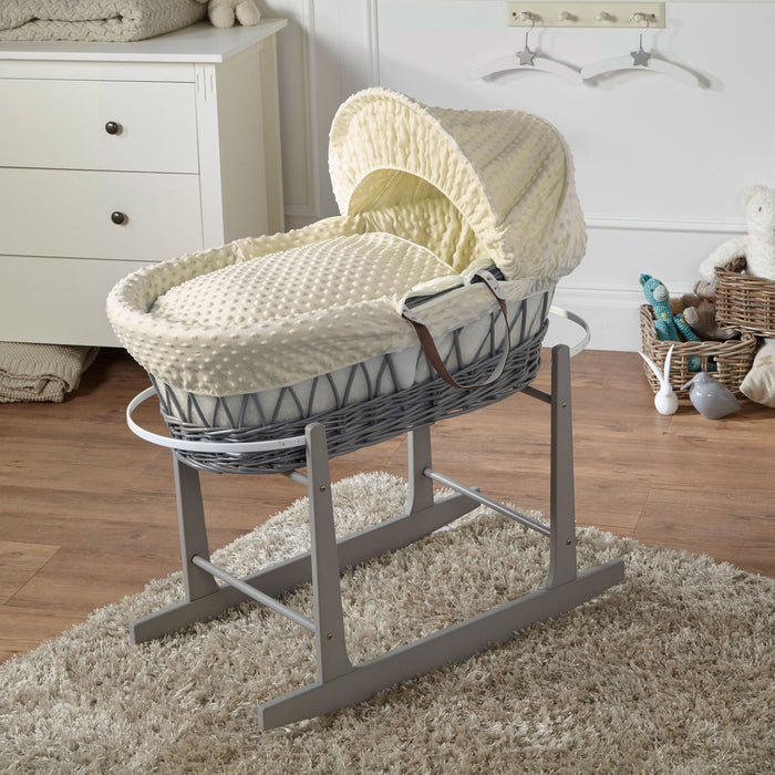 Cream Dimple Grey Wicker Baby Moses Basket With Stand