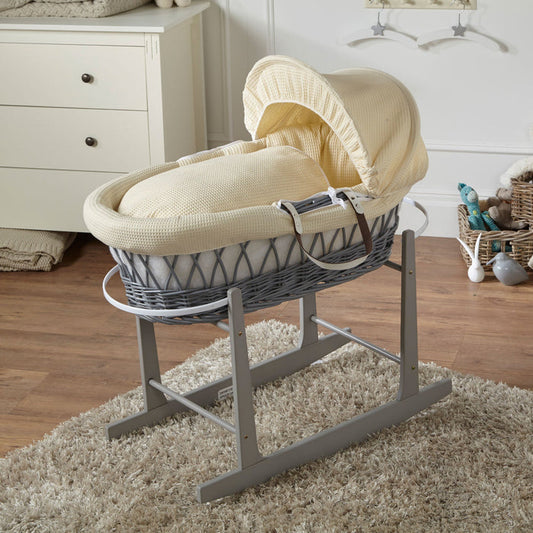 Cream Waffle Grey Wicker Baby Moses Basket With Stand