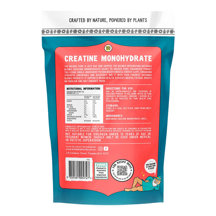 Back of a supplement package with nutritional information and branding on a white background.