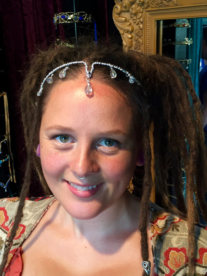 Model wearing Crystal Empress Crown - Silver Wire Band Festival Bridal Headpiece