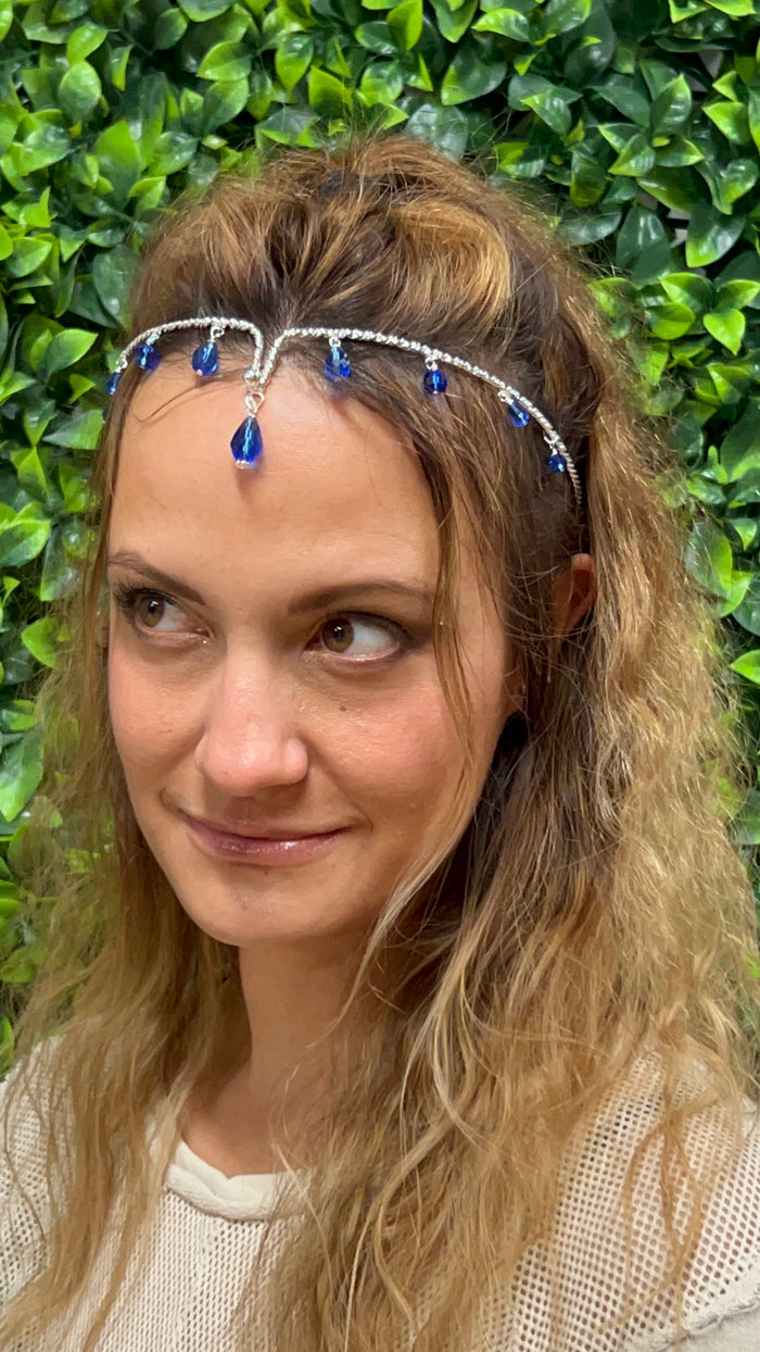 Model wearing Crystal Empress Crown - Silver Wire Band Festival Bridal Headpiece