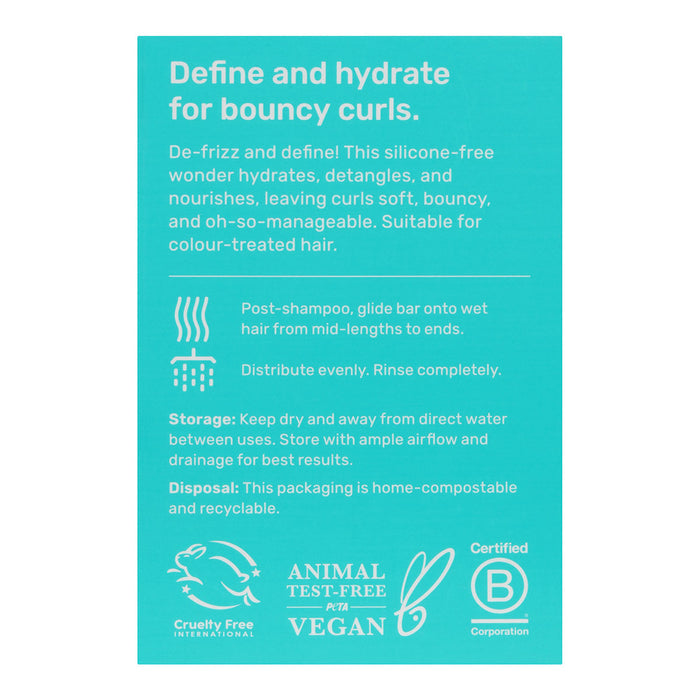 Back of Ethique Curl-Defining Solid Conditioner for Curly and Coily Hair 110g box, showing description and instructions.