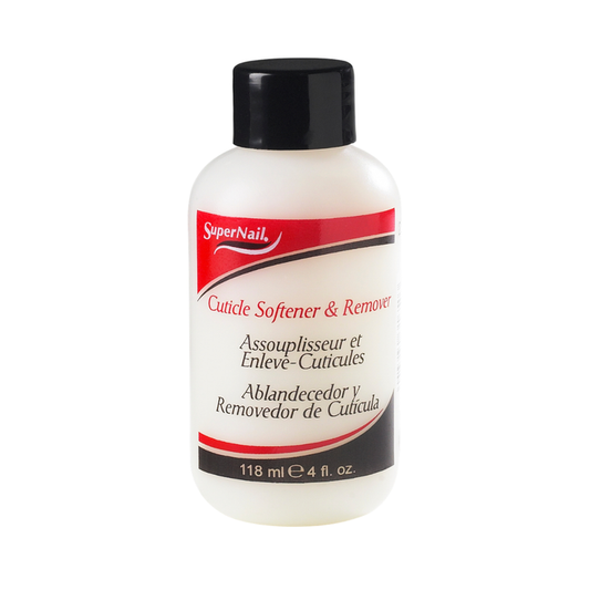 31650 Supernail Cuticle Softener and Remover 118ml | A bottle of SuperNail Cuticle Softener & Remover with a white body, black cap, and a label featuring red and black accents, set against a plain white background with a soft reflection.