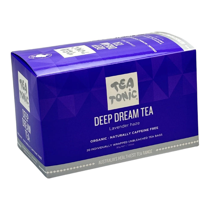 Box of 20 individually wrapped, unbleached tea bags of Tea Tonic Deep Dream Tea, featuring organic lavender, passionflower, and mint to help you unwind, relax, and enhance sleep quality and mood. Packaged in a purple box.