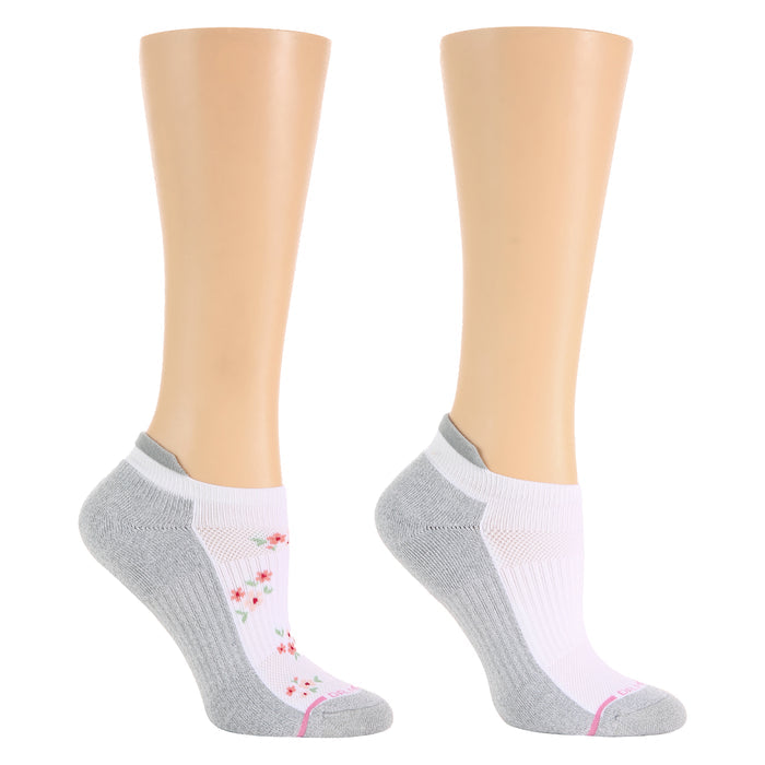 Ankle compression socks featuring a floral design on one side and a solid color on the other.