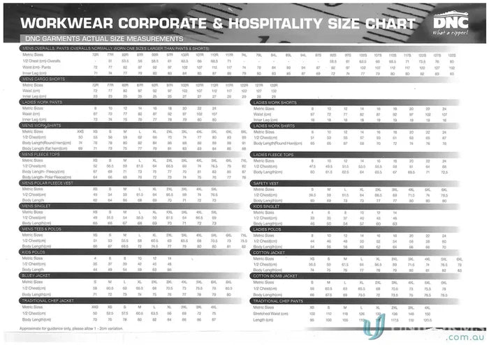 Clothing size chart for DNC Polyester Cotton Coverall made from polyester cotton fabric