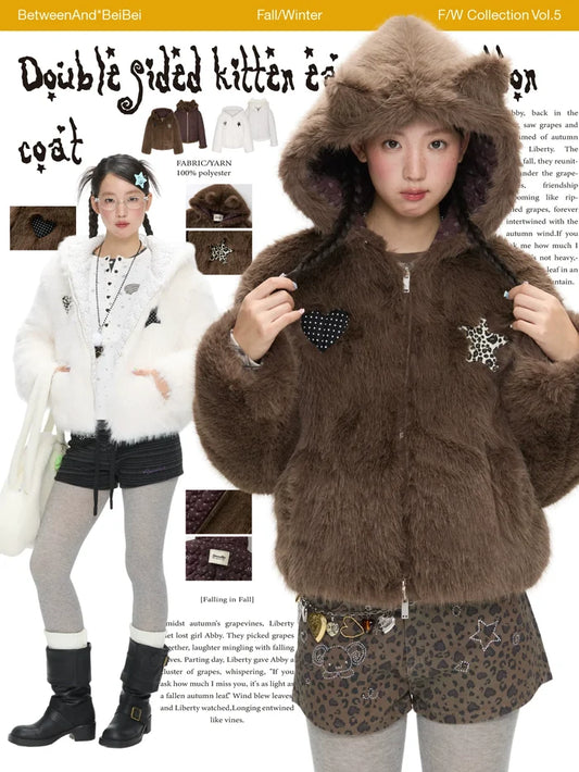 Double-sided cat ear fleece puffer jacket