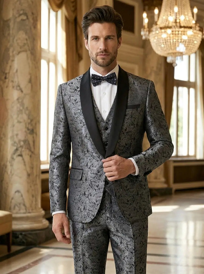 Eli men's slim fit suit with a three-piece design, perfect for weddings and formal events, featuring tailored details and classic style.