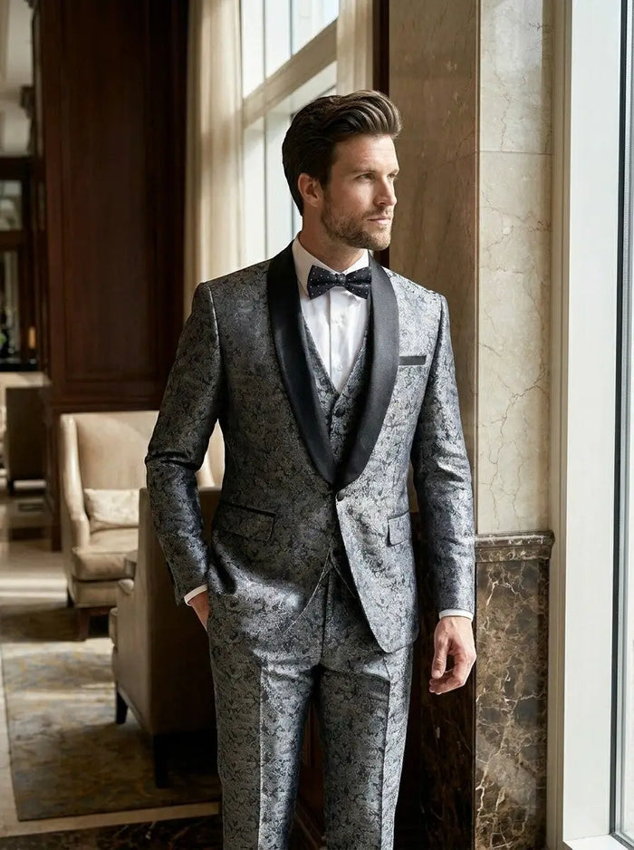 Eli men's slim fit suit with a three-piece design, perfect for weddings and formal events, featuring tailored jacket, vest, and trousers.