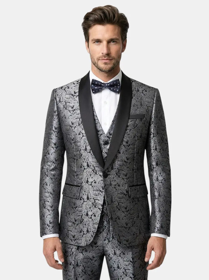 Eli men's slim fit suit in a three-piece design, perfect for weddings and formal events, featuring tailored jacket, vest, and trousers.