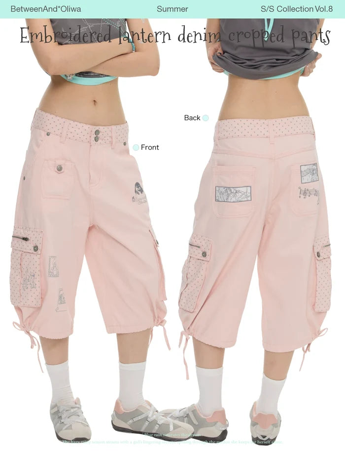 Embroidered lantern denim cropped pants